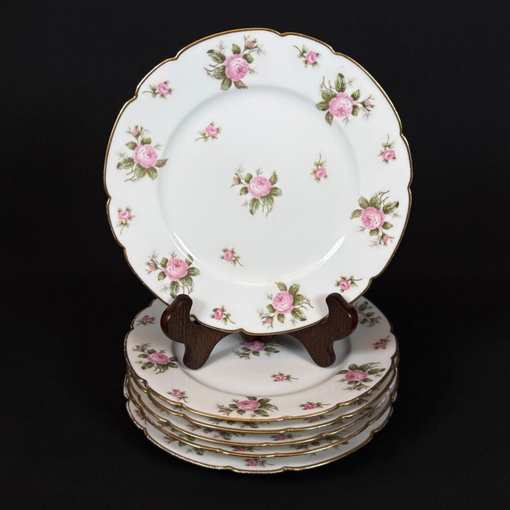 6x Limoges GDA France white Gold trim with Pink Floral Design 8.5" plate vintage